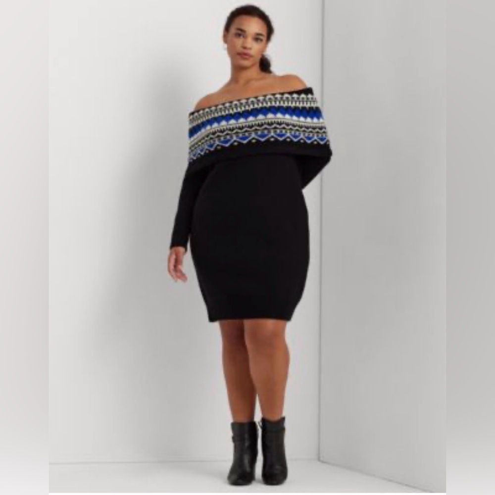 Lauren Ralph Lauren Plus Size Off-The-Shoulder Fair Isle Sweater Dress